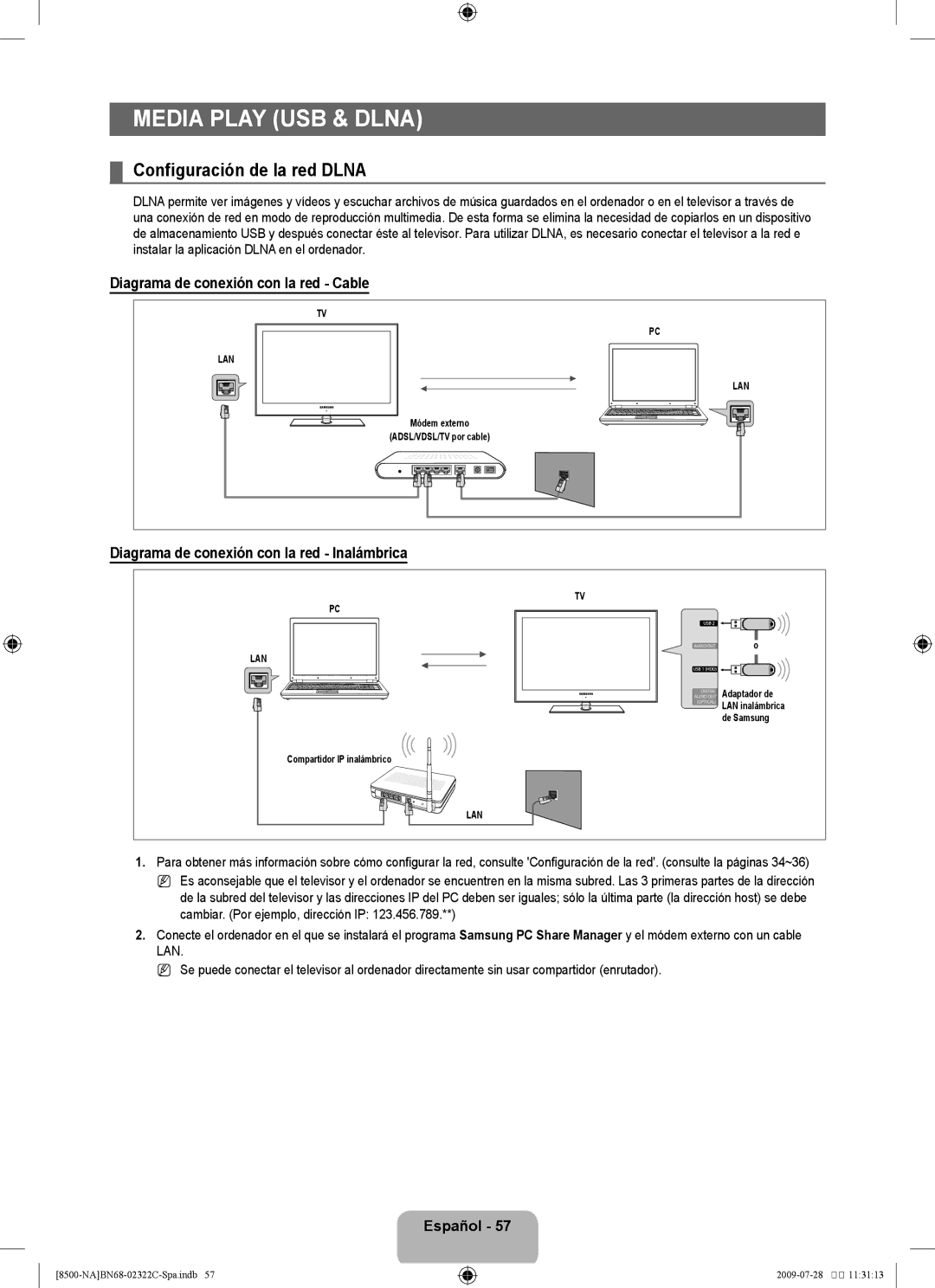 Samsung 8500 user manual Media Play USB & Dlna, Configuración de la red Dlna, Diagrama de conexión con la red Cable 