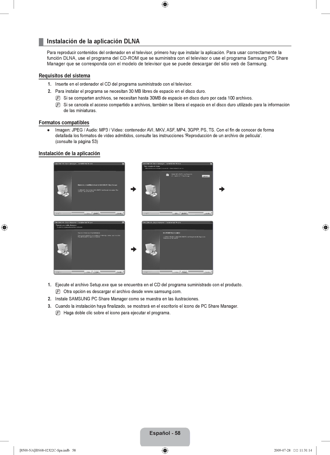 Samsung 8500 user manual Instalación de la aplicación Dlna, Requisitos del sistema, Formatos compatibles 