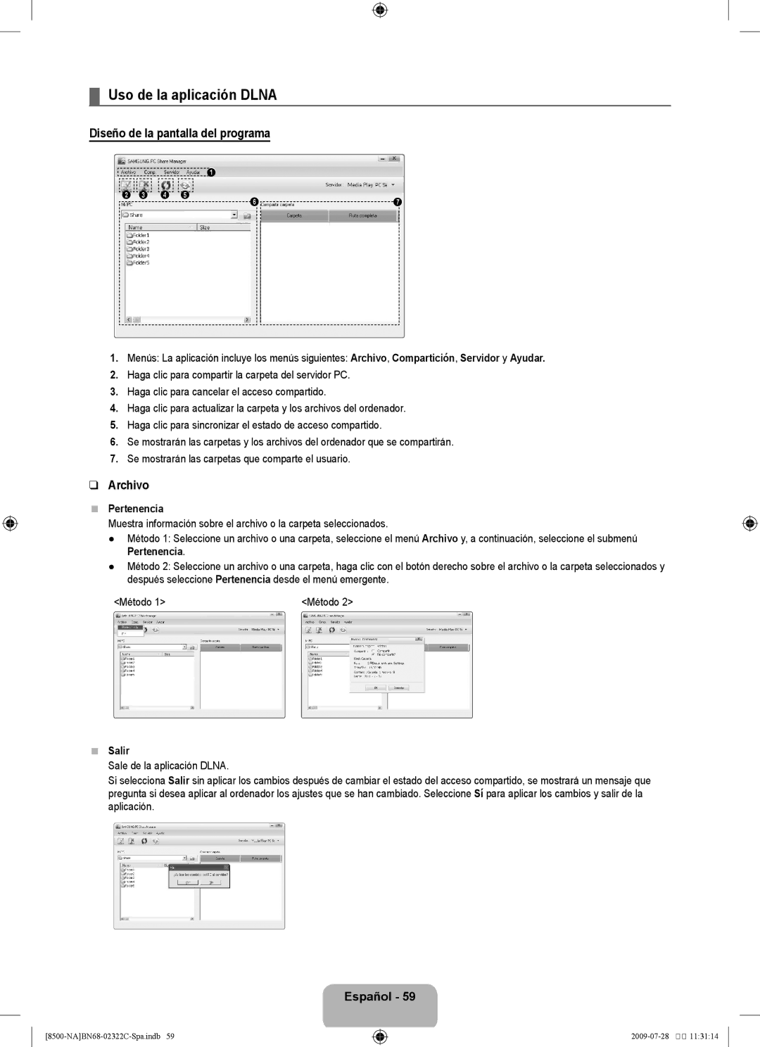 Samsung 8500 user manual Uso de la aplicación Dlna, Diseño de la pantalla del programa, Archivo, Pertenencia, Salir 