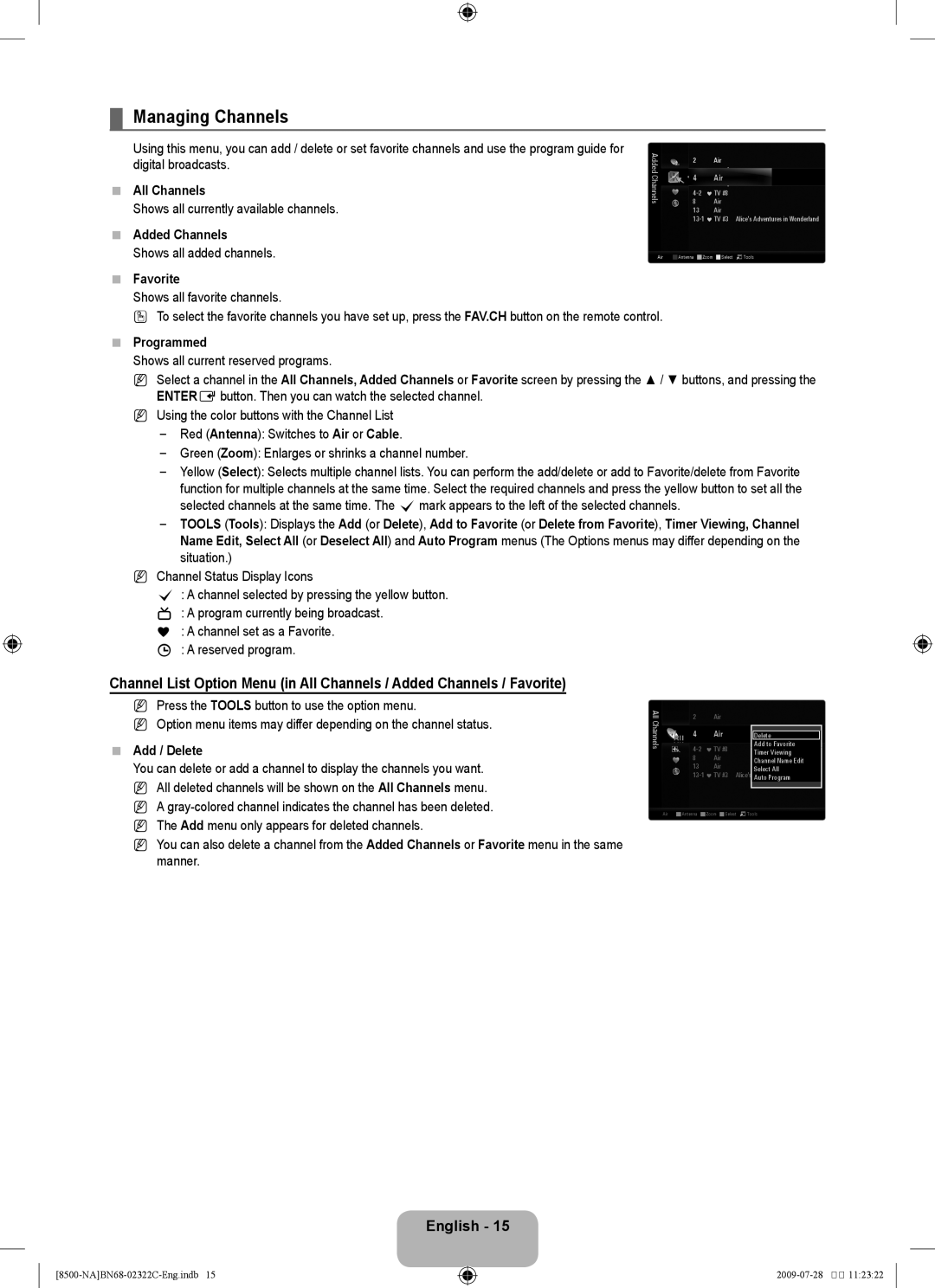 Samsung 8500 user manual Managing Channels 