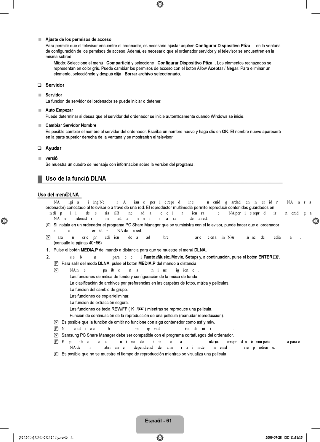 Samsung 8500 user manual Uso de la función Dlna, Servidor, Ayudar, Uso del menú Dlna 