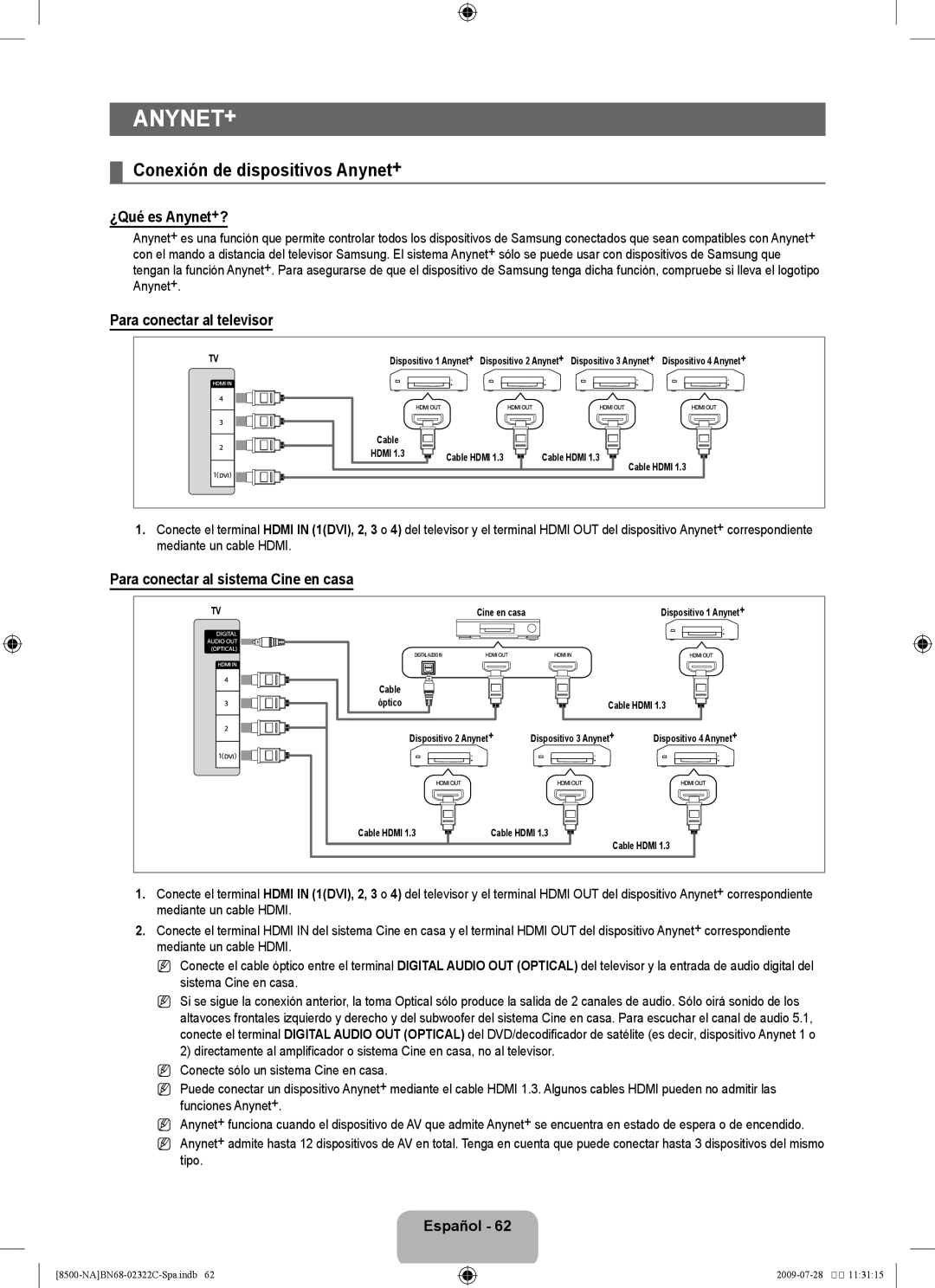 Samsung 8500 user manual Conexión de dispositivos Anynet+, ¿Qué es Anynet+?, Para conectar al televisor, Tipo 