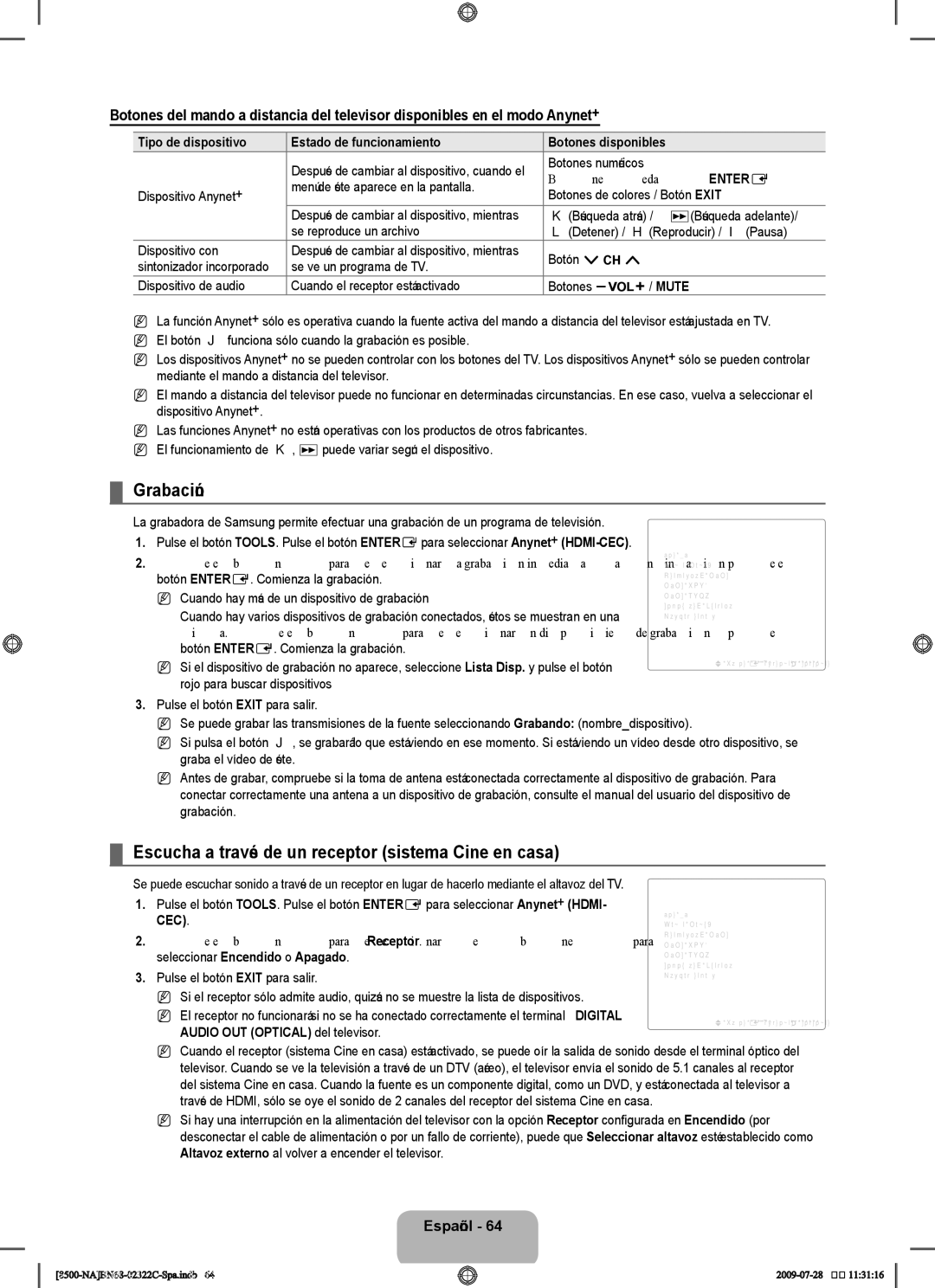 Samsung 8500 user manual Grabación, Escucha a través de un receptor sistema Cine en casa 