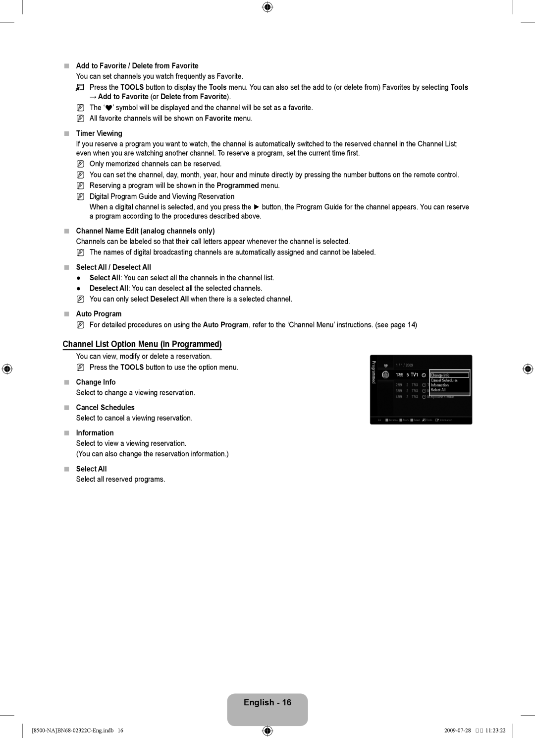 Samsung 8500 user manual Channel List Option Menu in Programmed 