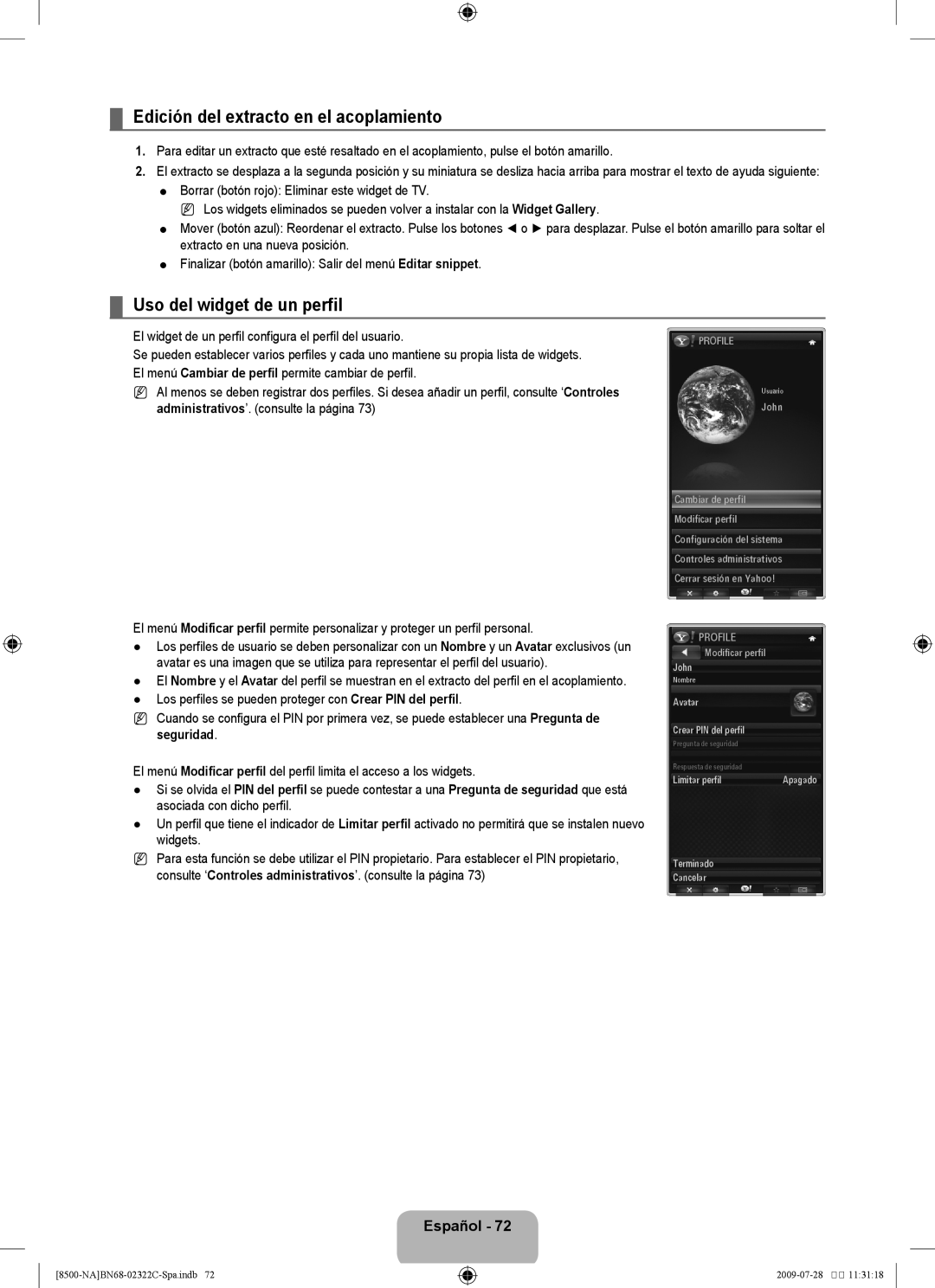 Samsung 8500 user manual Edición del extracto en el acoplamiento, Uso del widget de un perfil 