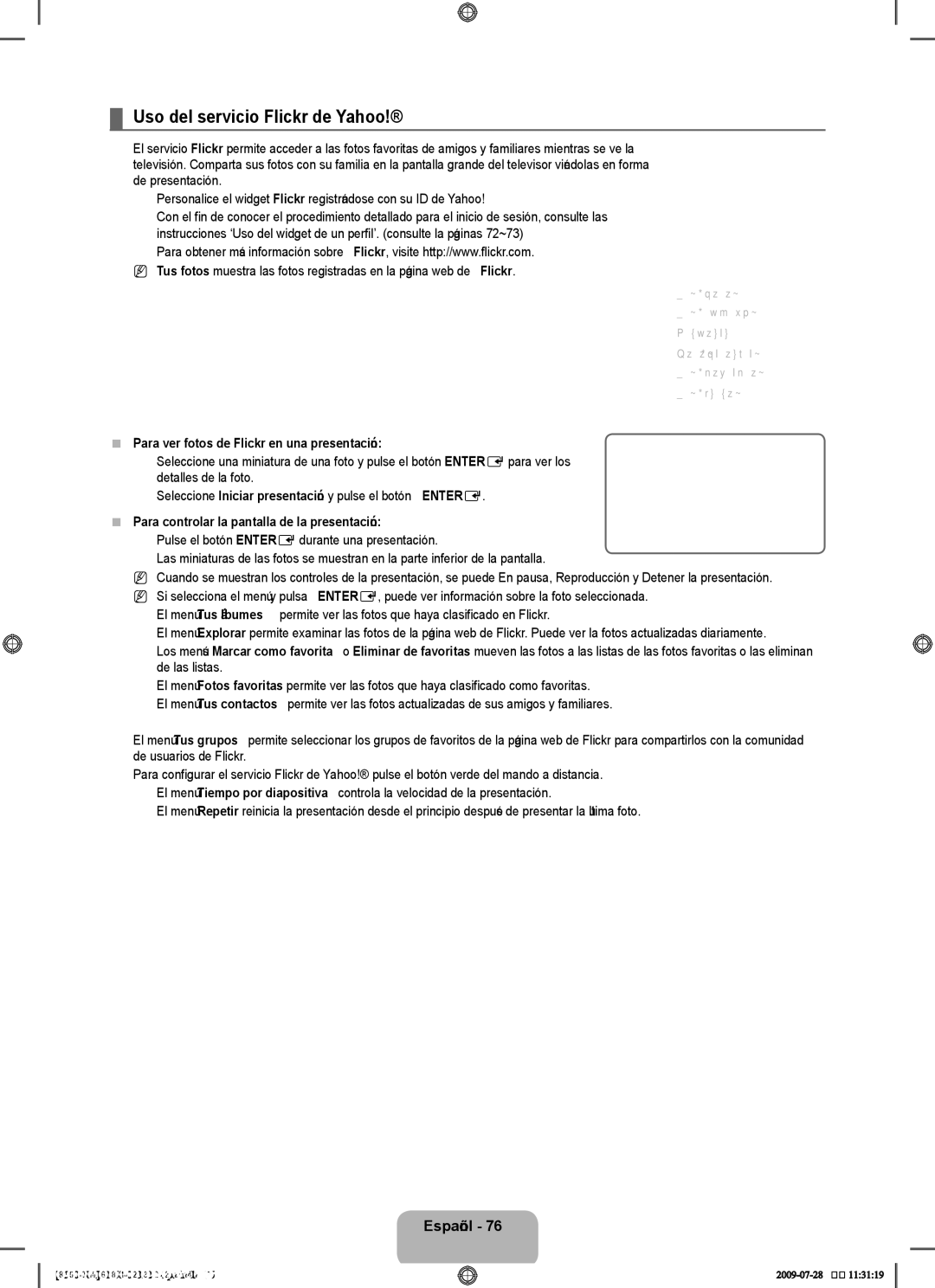 Samsung 8500 user manual Uso del servicio Flickr de Yahoo, Para ver fotos de Flickr en una presentación 