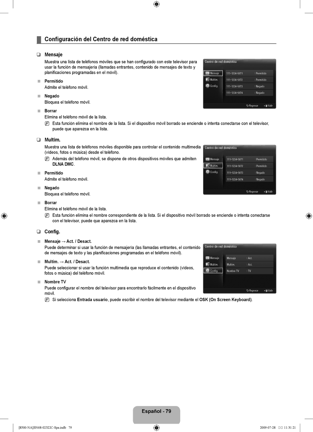 Samsung 8500 user manual Configuración del Centro de red doméstica, Mensaje, Multim, Dlna DMC 