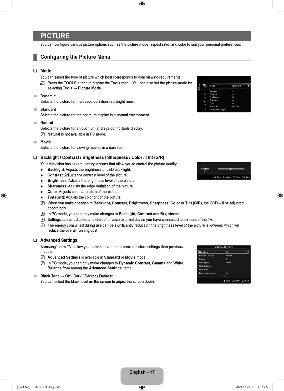 Samsung 8500 user manual Configuring the Picture Menu, Mode, Advanced Settings 