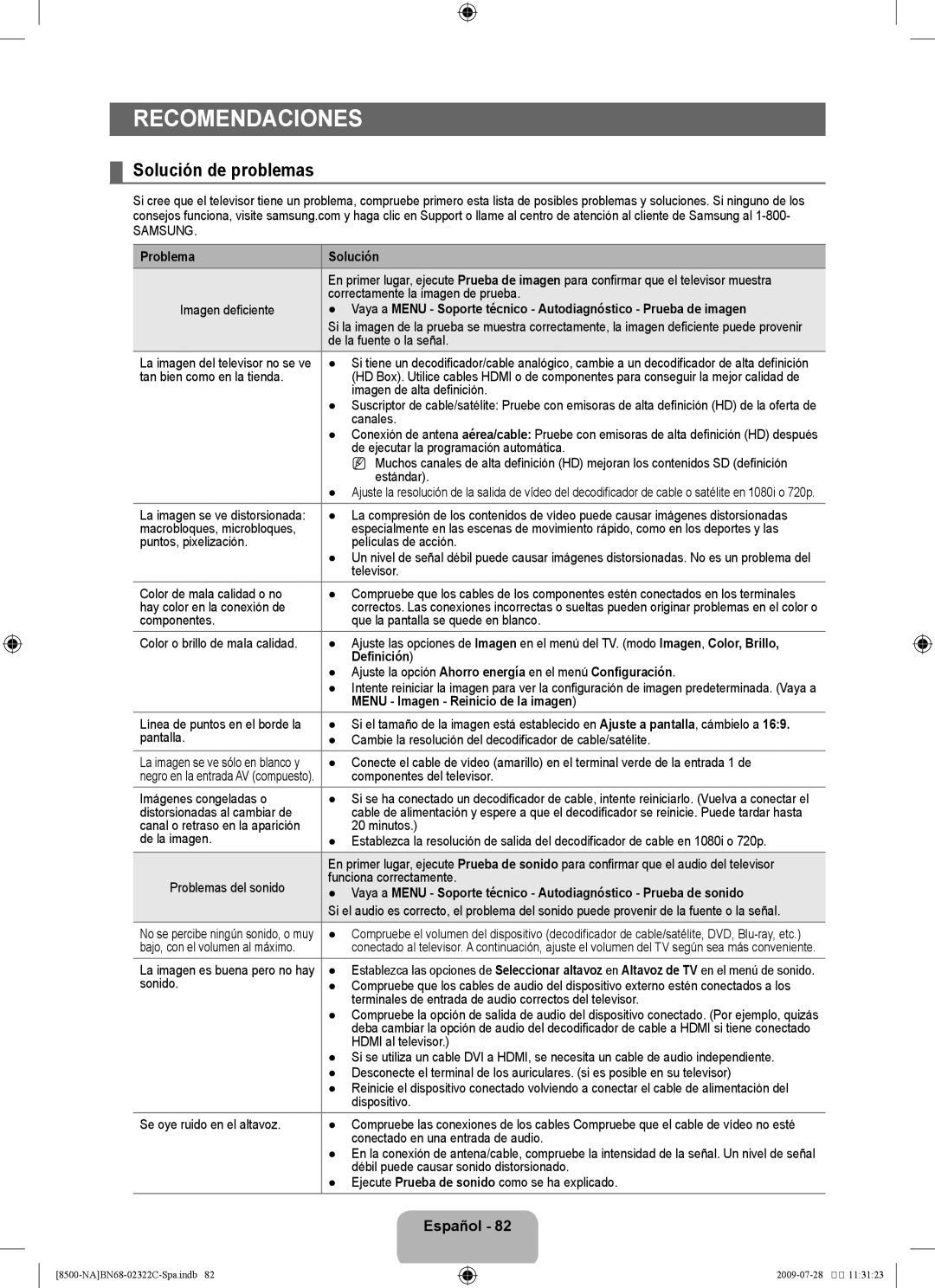 Samsung 8500 Recomendaciones, Solución de problemas, Problema Solución, Definición, Menu Imagen Reinicio de la imagen 