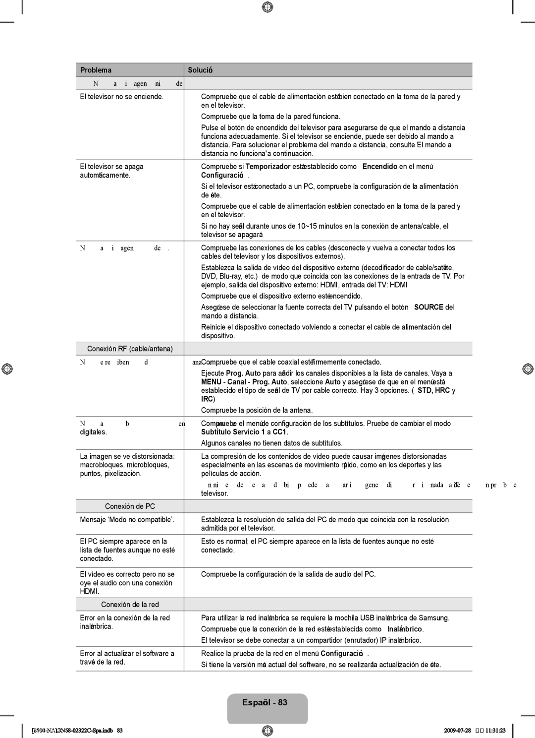 Samsung 8500 user manual Irc, Subtítulo Servicio 1 a CC1 