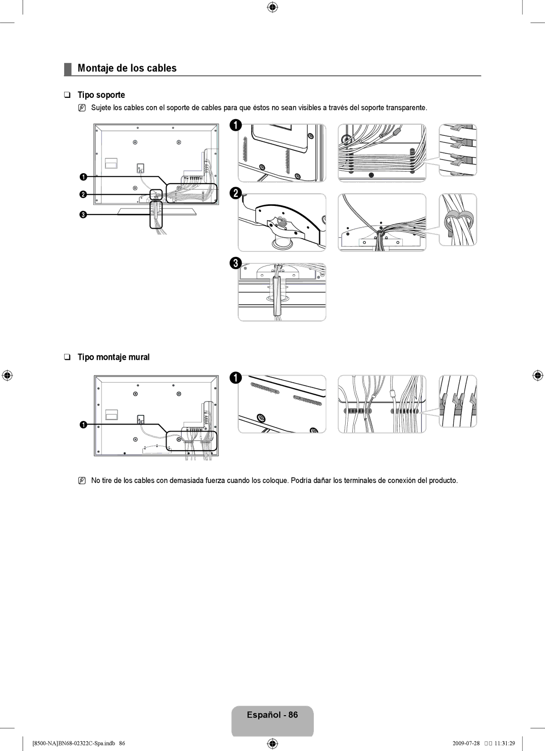 Samsung 8500 user manual Montaje de los cables, Tipo soporte, Tipo montaje mural 