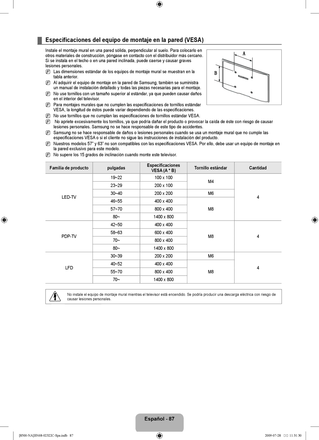 Samsung 8500 user manual Especificaciones del equipo de montaje en la pared vESA, Pulgadas 