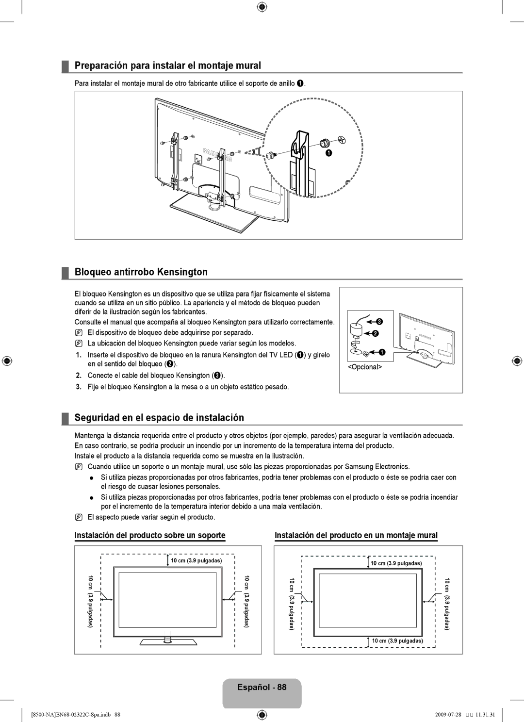 Samsung 8500 user manual Preparación para instalar el montaje mural, Bloqueo antirrobo Kensington 