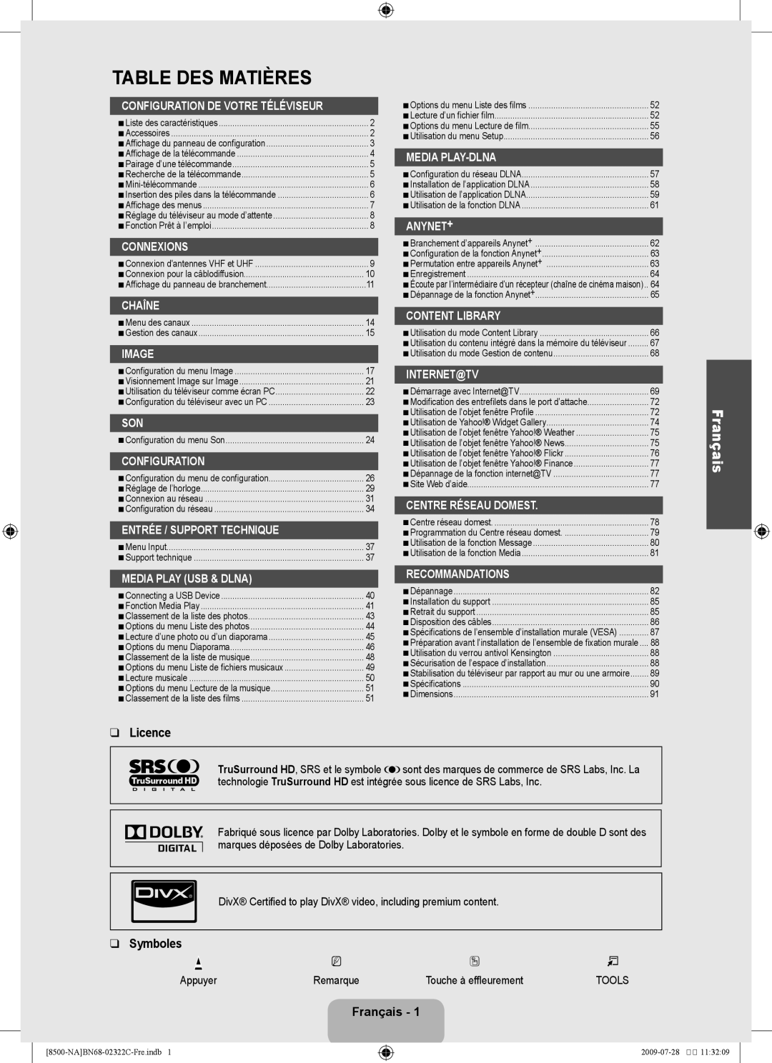 Samsung 8500 user manual Licence, Symboles, Français, Appuyer 