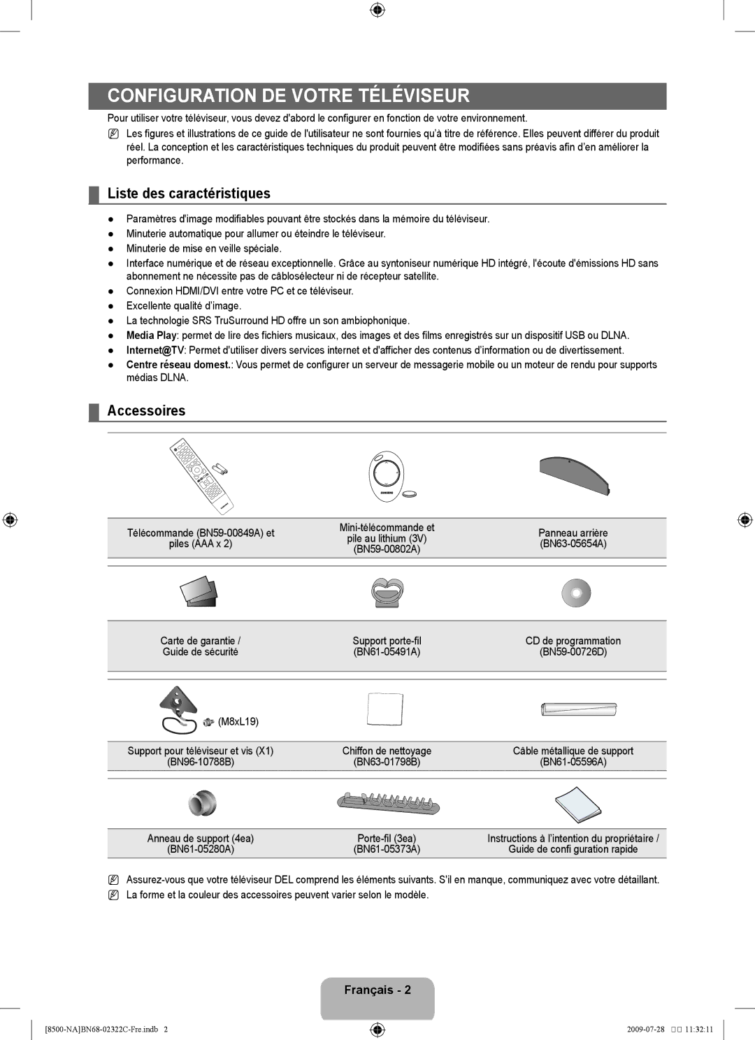 Samsung 8500 user manual Configuration de votre téléviseur, Liste des caractéristiques, Accessoires 