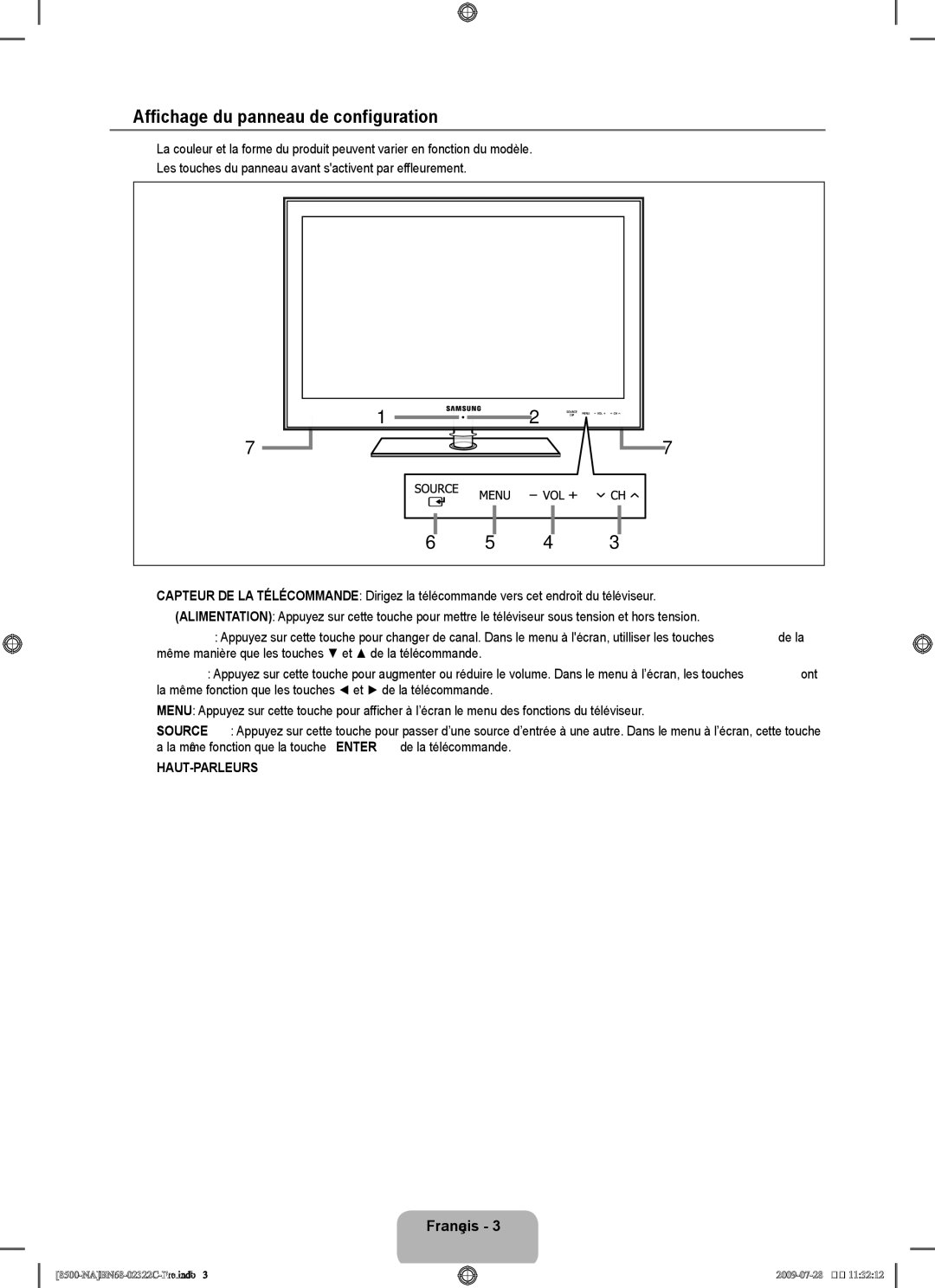 Samsung 8500 user manual Affichage du panneau de configuration, Français , Haut-Parleurs 