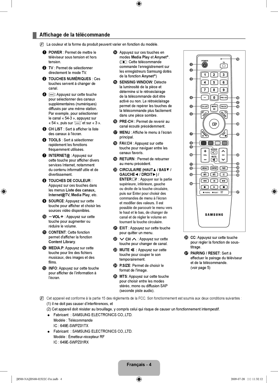 Samsung 8500 user manual Affichage de la télécommande, Touches Numériques Ces touches servent à changer de canal 