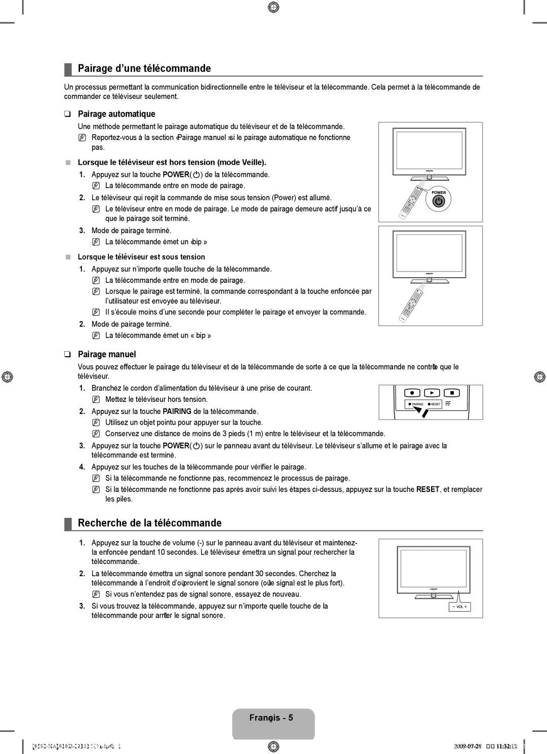 Samsung 8500 user manual Pairage d’une télécommande, Recherche de la télécommande, Pairage automatique, Pairage manuel 