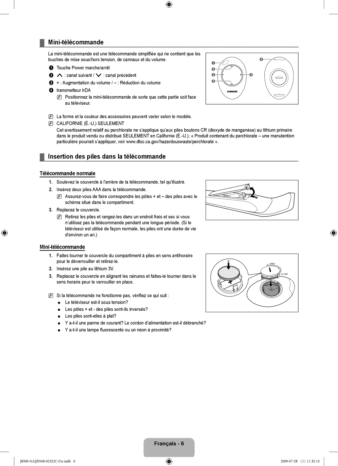 Samsung 8500 user manual Mini-télécommande, Insertion des piles dans la télécommande, Télécommande normale 