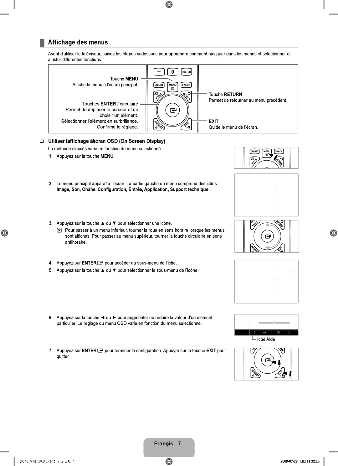 Samsung 8500 user manual Affichage des menus, Utiliser laffichage à lécran OSD On Screen Display 