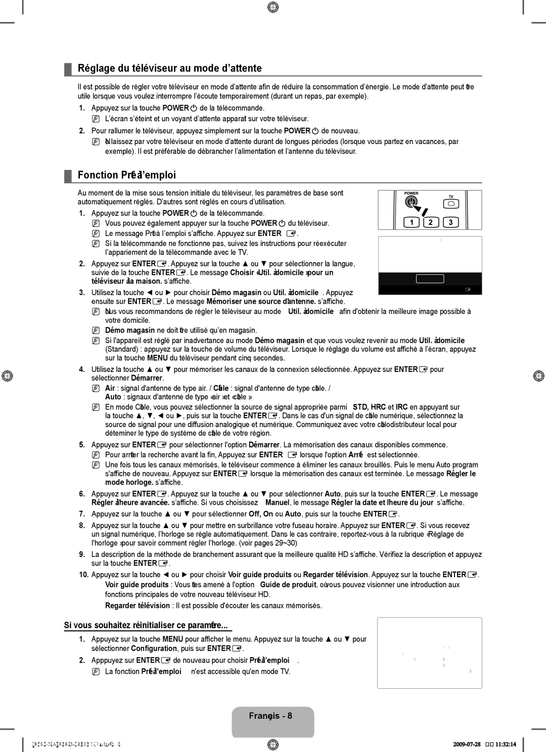 Samsung 8500 user manual Réglage du téléviseur au mode d’attente, Fonction Prêt à I’emploi 