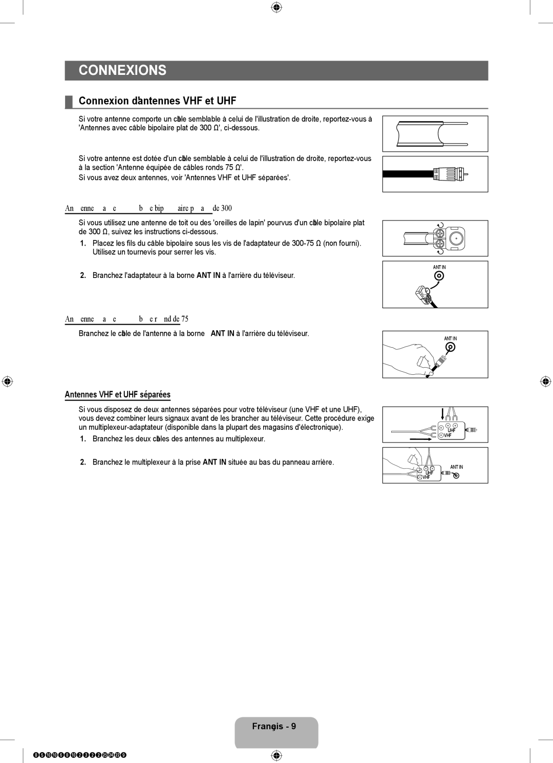 Samsung 8500 user manual Connexions, Connexion dantennes VHF et UHF, Antennes avec câble bipolaire plat de 300 Ω 