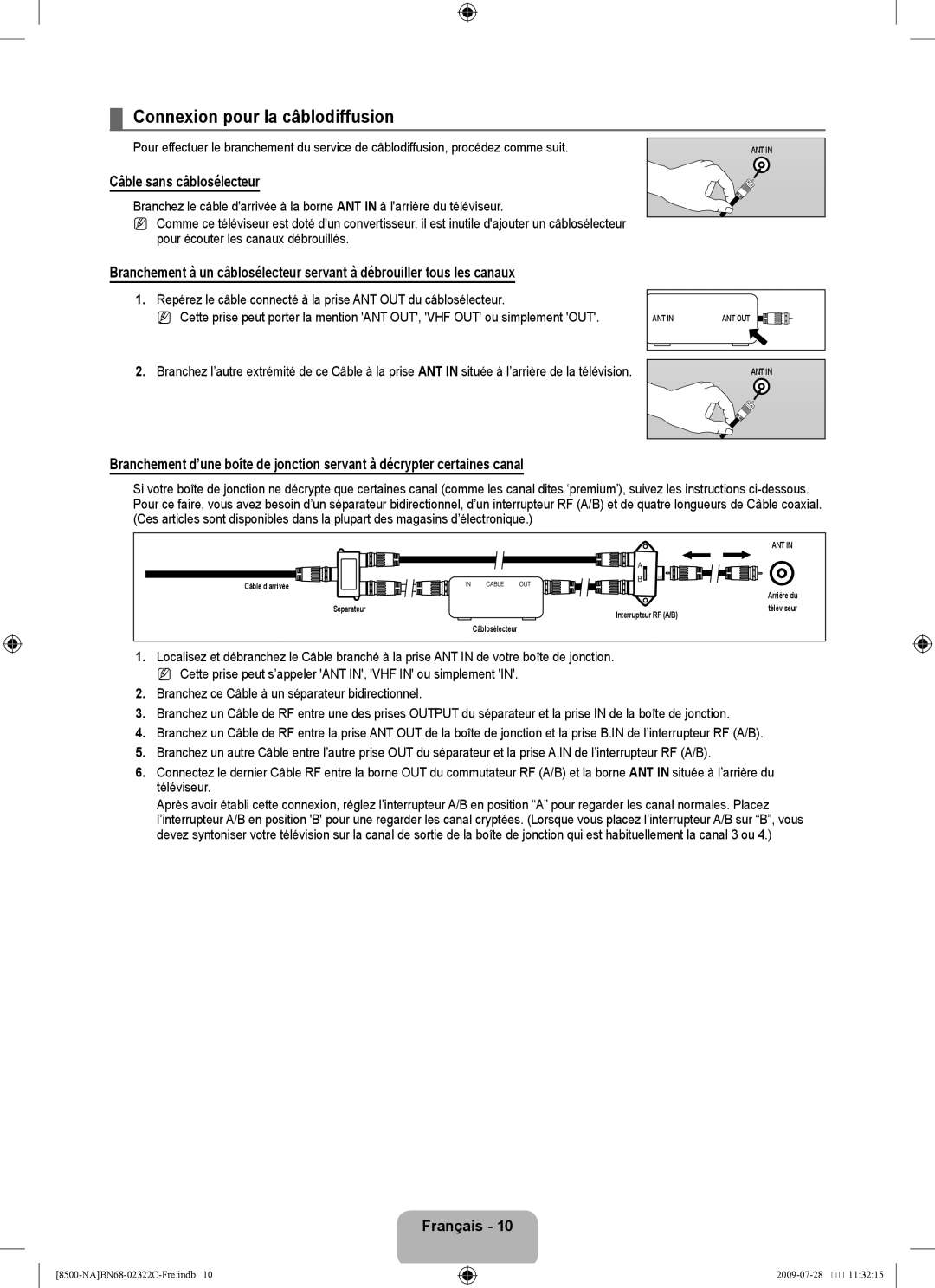 Samsung 8500 user manual Connexion pour la câblodiffusion, Câble sans câblosélecteur 