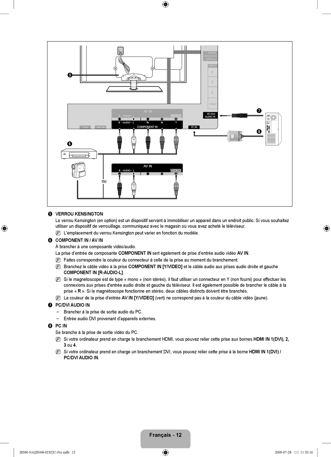 Samsung 8500 user manual Verrou Kensington, Component in / AV 