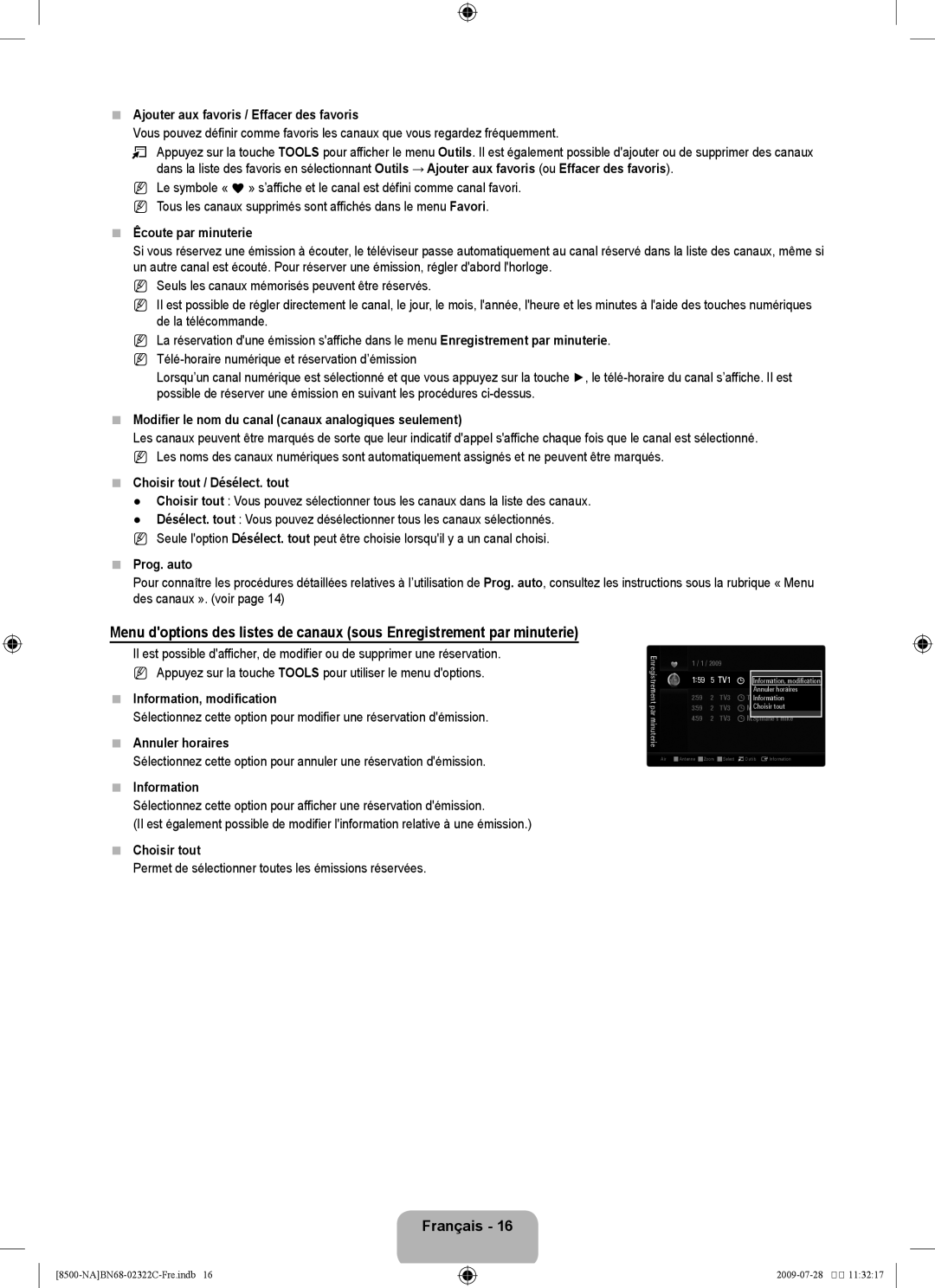 Samsung 8500 user manual Ajouter aux favoris / Effacer des favoris, Êcoute par minuterie, Choisir tout / Désélect. tout 