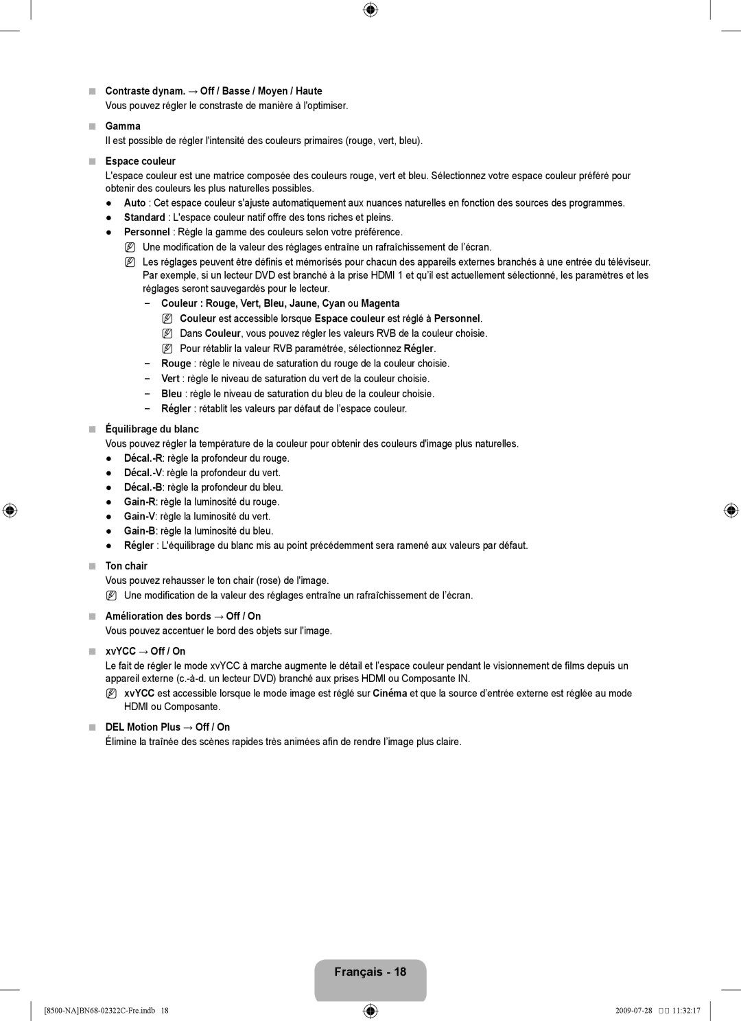 Samsung 8500 user manual Contraste dynam. → Off / Basse / Moyen / Haute, Espace couleur, Équilibrage du blanc, Ton chair 