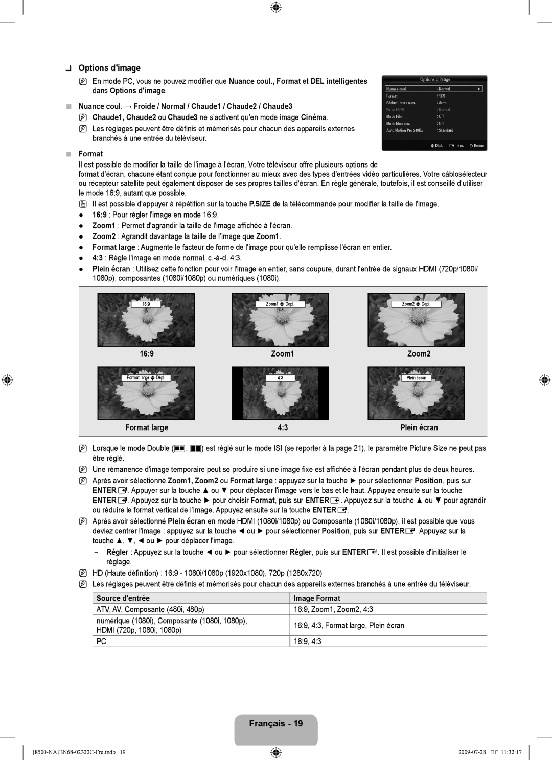 Samsung 8500 user manual Options dimage, Format large Plein écran, Source dentrée Image Format 