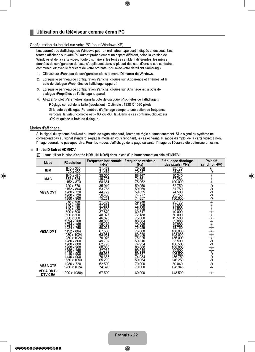 Samsung 8500 user manual Utilisation du téléviseur comme écran PC, Configuration du logiciel sur votre PC sous Windows XP 