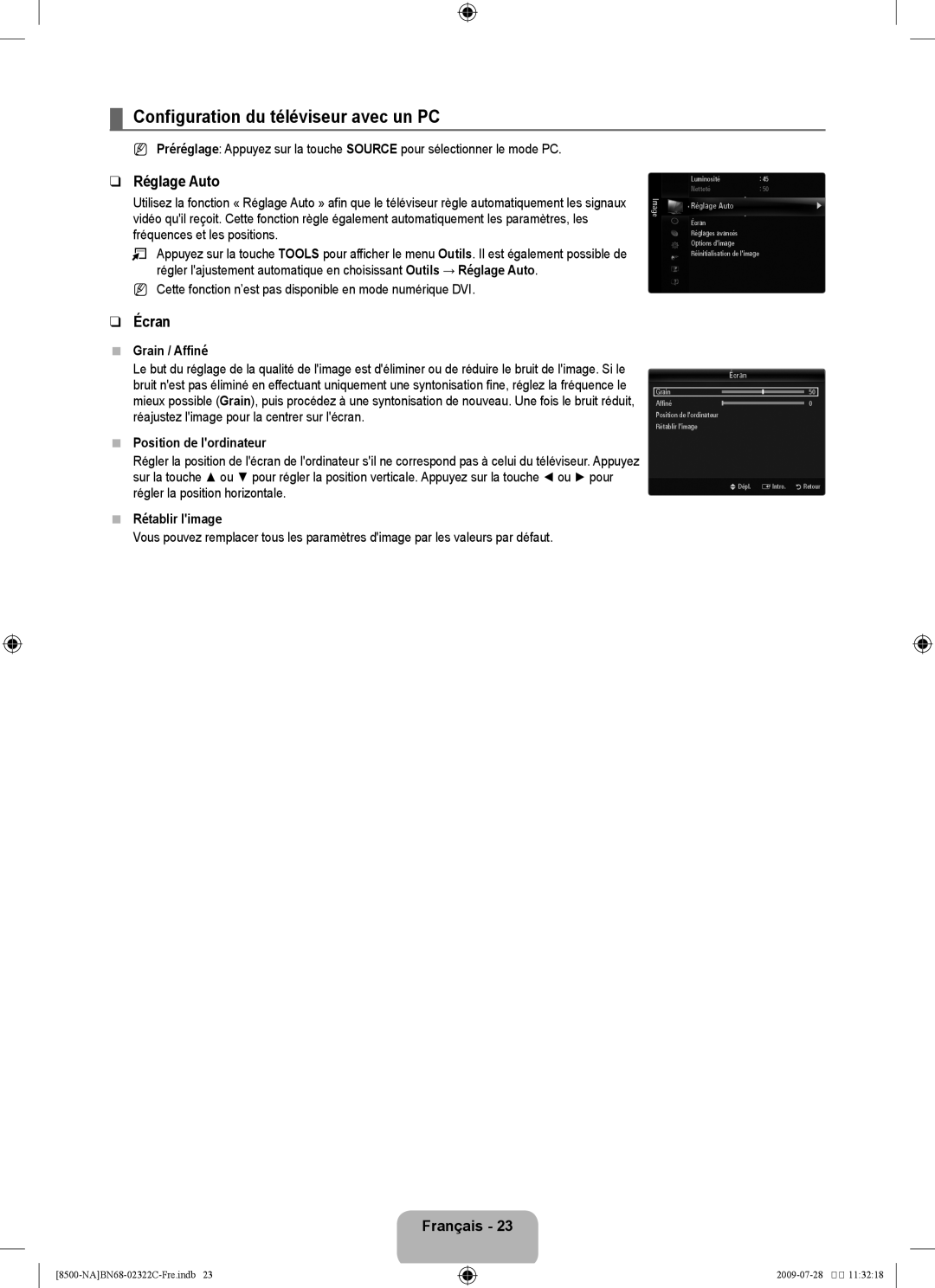 Samsung 8500 user manual Configuration du téléviseur avec un PC, Réglage Auto, Écran 