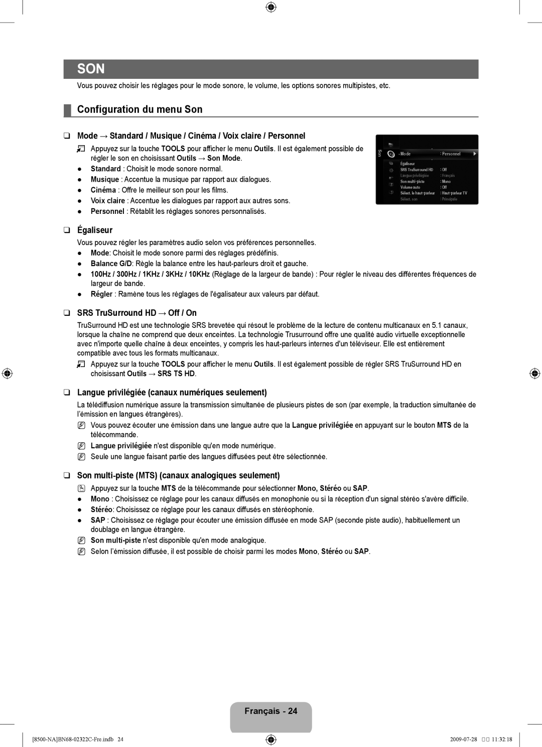 Samsung 8500 user manual Configuration du menu Son, Égaliseur, Langue privilégiée canaux numériques seulement 