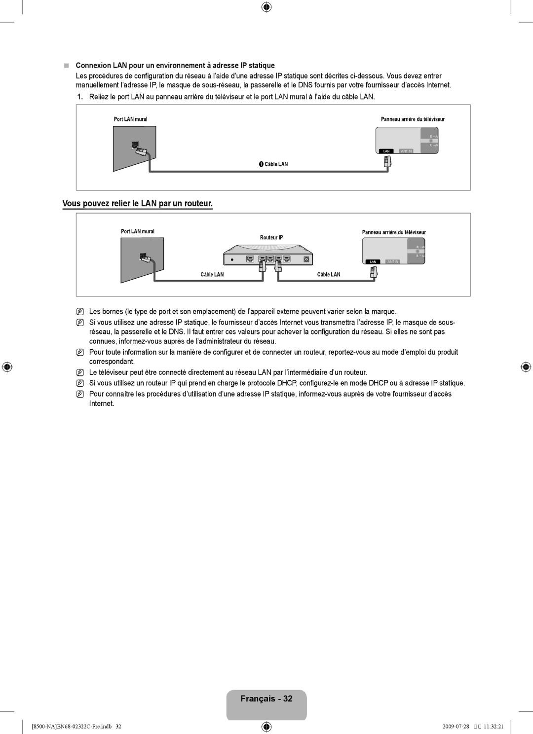 Samsung 8500 user manual Connexion LAN pour un environnement à adresse IP statique 