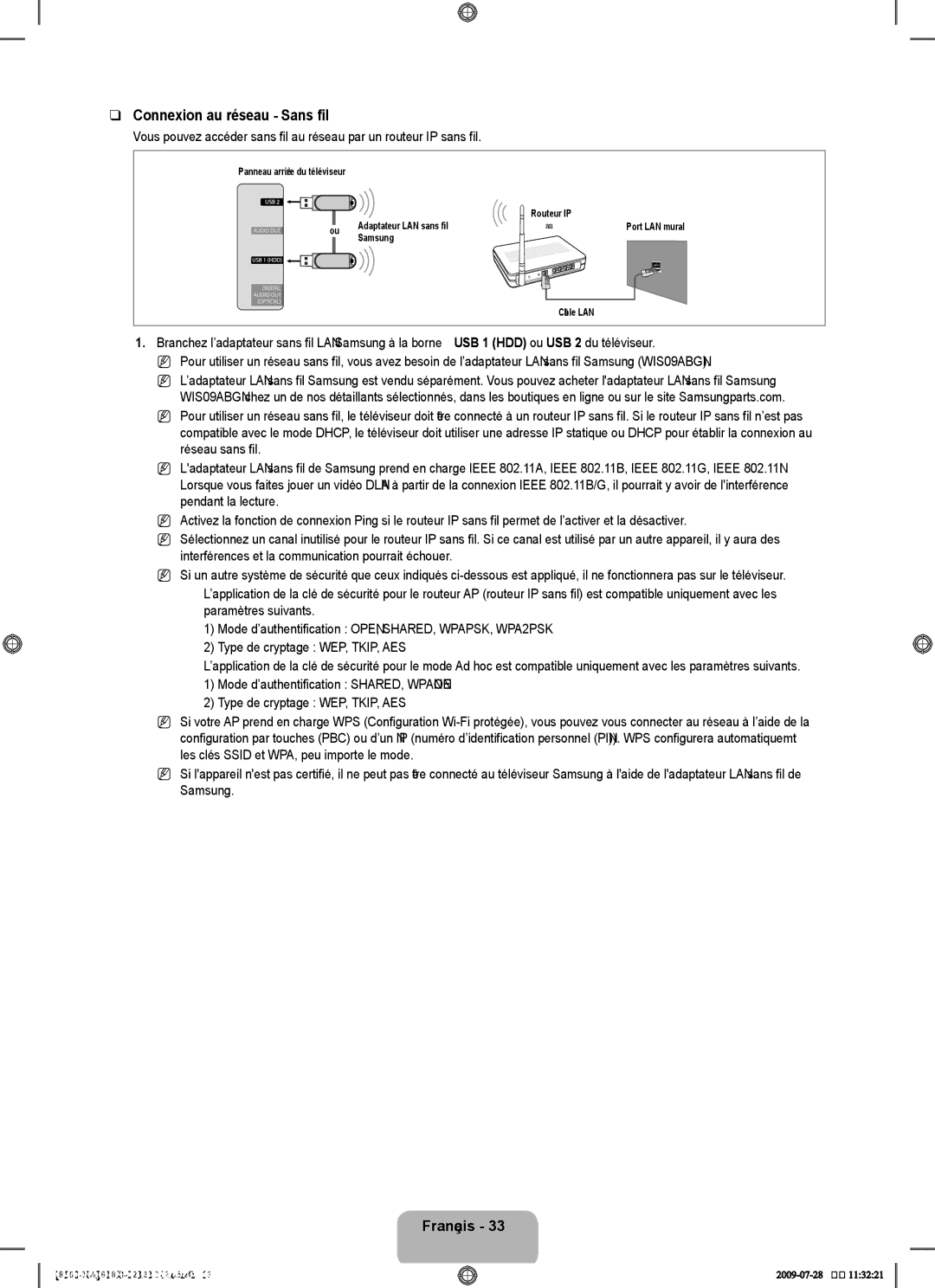 Samsung 8500 user manual Connexion au réseau Sans fil 