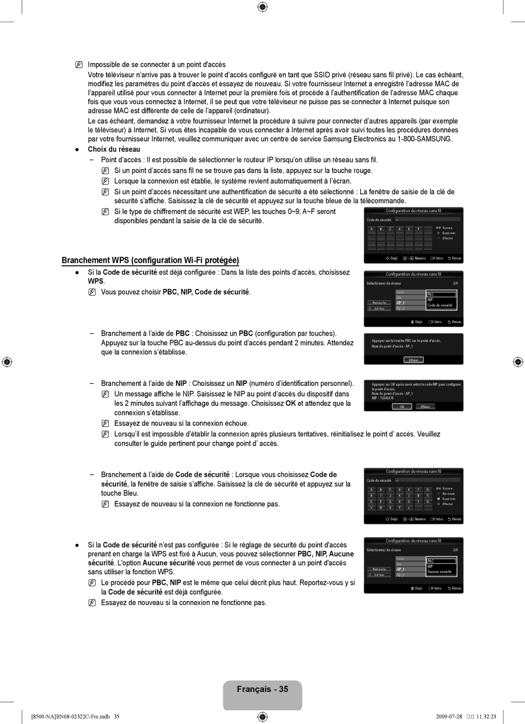 Samsung 8500 Branchement WPS configuration Wi-Fi protégée, Impossible de se connecter à un point daccès, Choix du réseau 