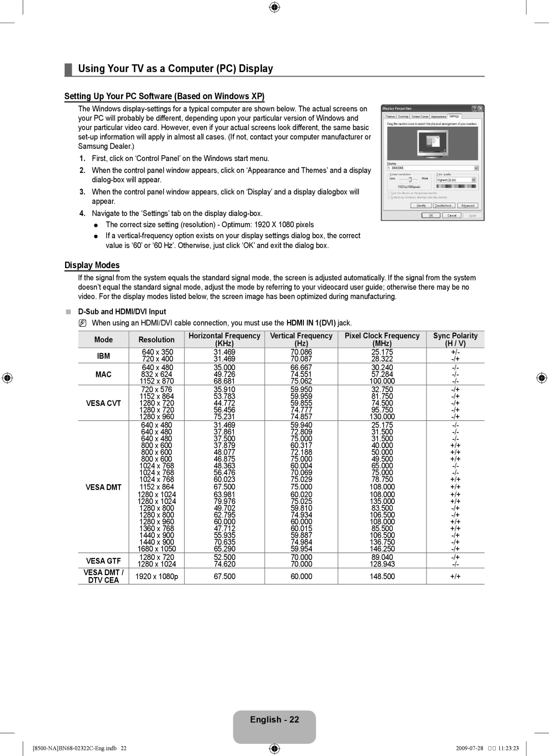 Samsung 8500 Using Your TV as a Computer PC Display, Setting Up Your PC Software Based on Windows XP, Display Modes 