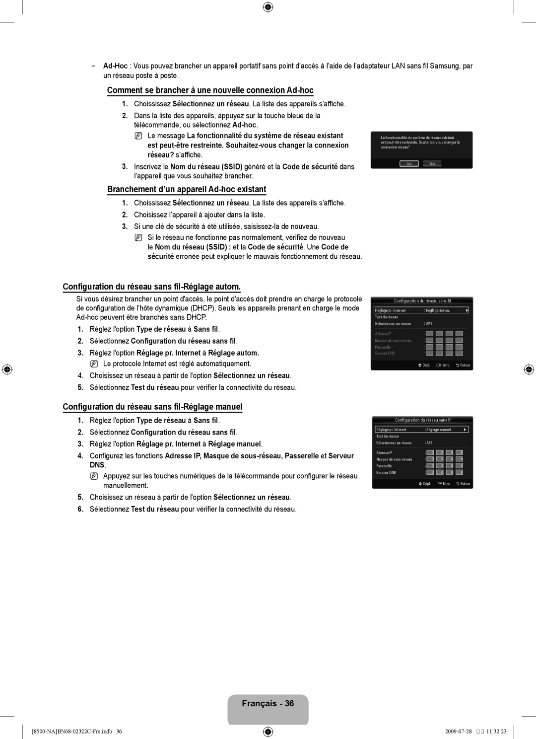 Samsung 8500 user manual Comment se brancher à une nouvelle connexion Ad-hoc, Branchement d’un appareil Ad-hoc existant 