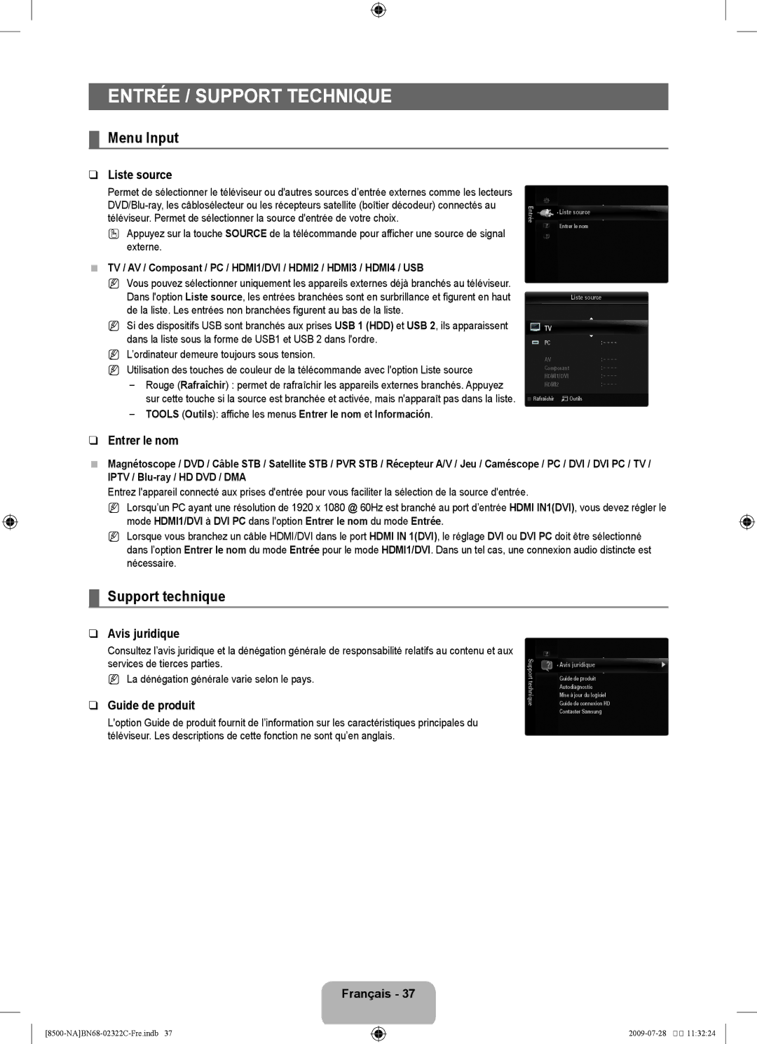 Samsung 8500 user manual Entrée / Support TEChNIQUE, Menu Input, Support technique 