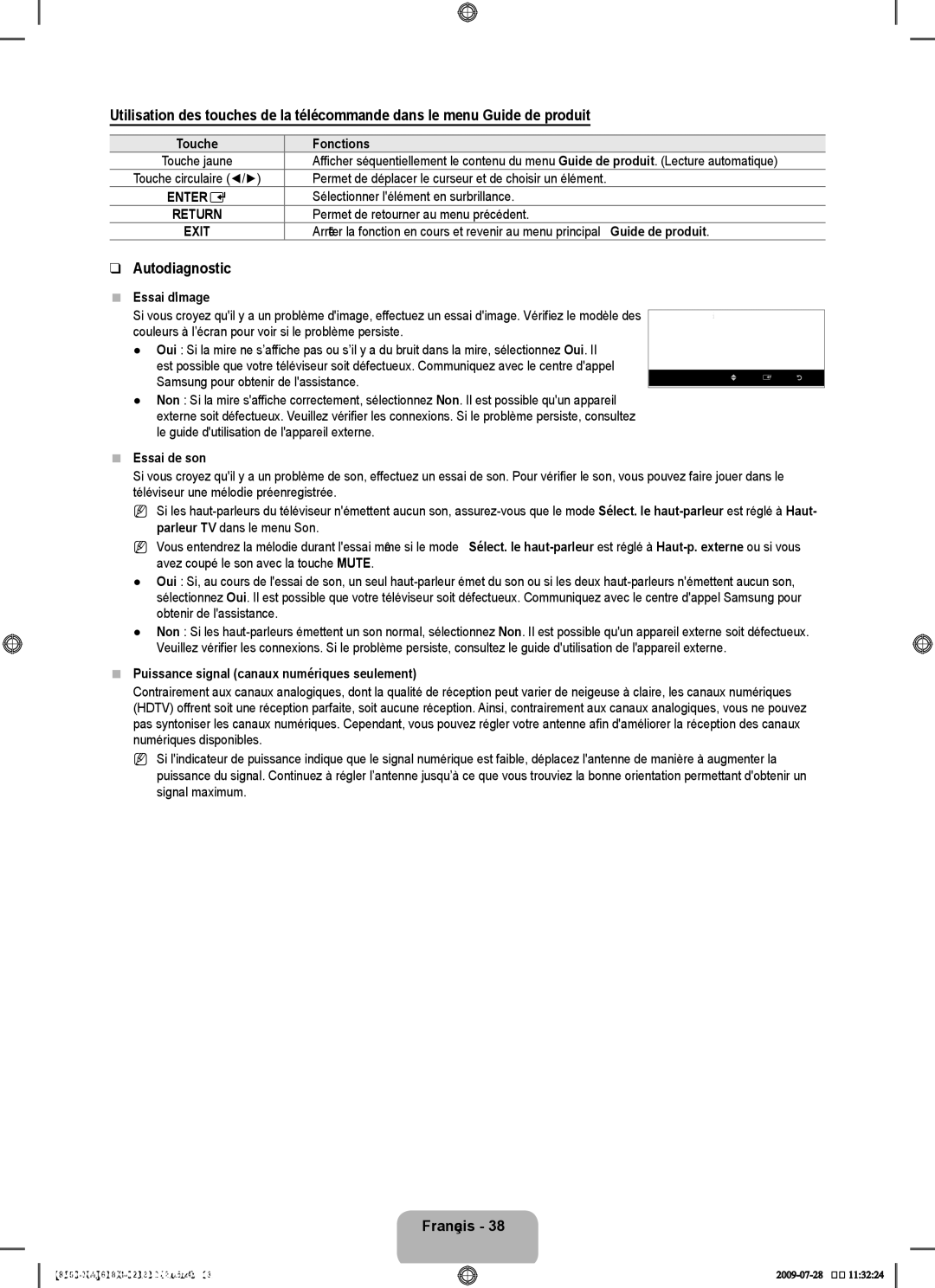 Samsung 8500 Autodiagnostic, Fonctions, Essai dimage, Essai de son, Puissance signal canaux numériques seulement 