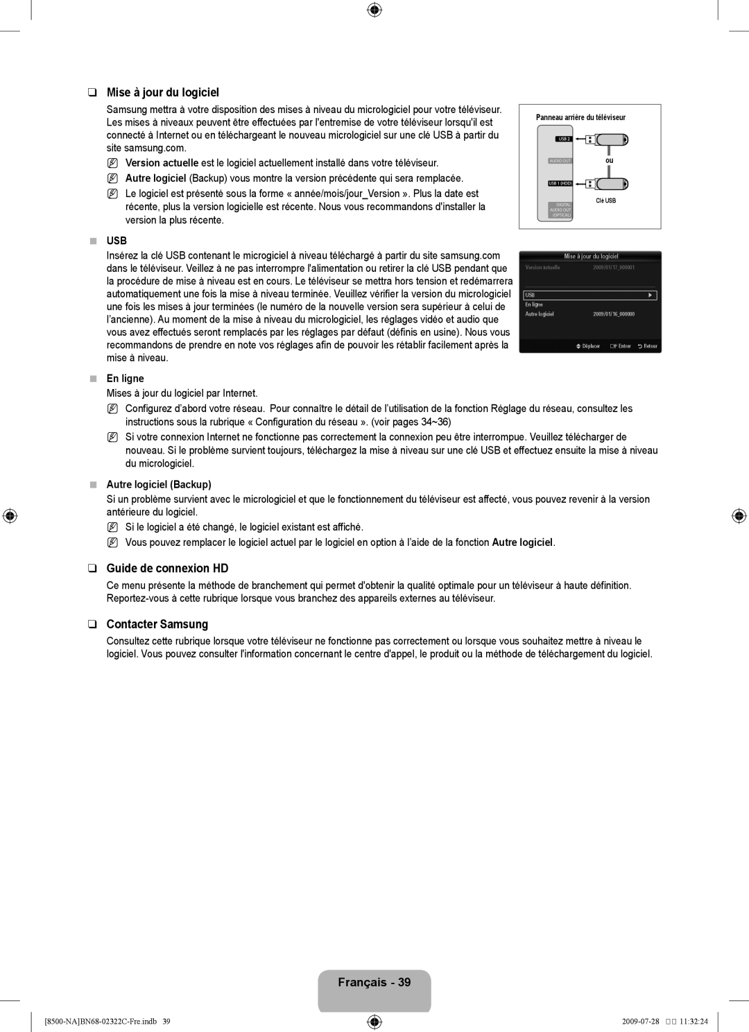 Samsung 8500 user manual Mise à jour du logiciel, Guide de connexion HD, Contacter Samsung, En ligne, Autre logiciel Backup 