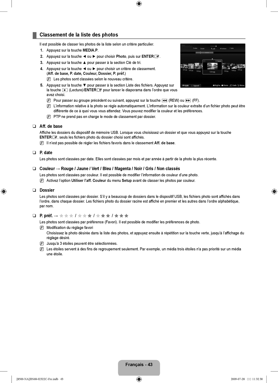 Samsung 8500 user manual Classement de la liste des photos, Aff. de base, Date, Dossier, Préf. → FFF / FFF / FFF / FFF 