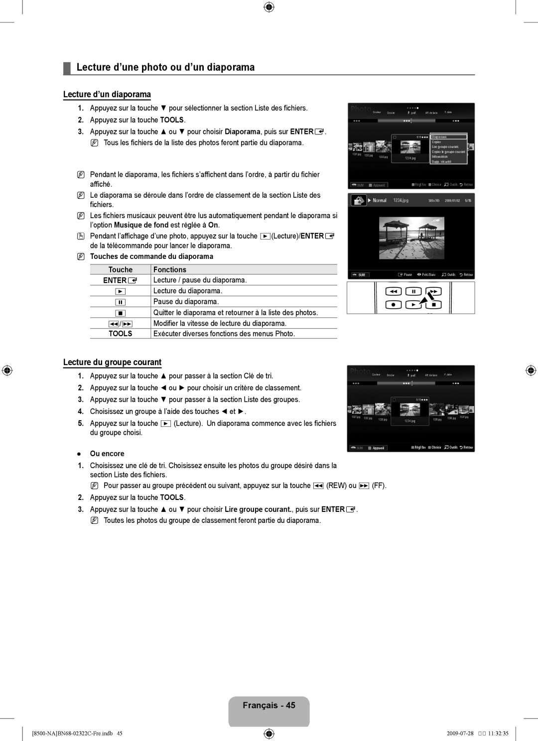 Samsung 8500 user manual Lecture d’une photo ou d’un diaporama, Lecture d’un diaporama, Lecture du groupe courant 