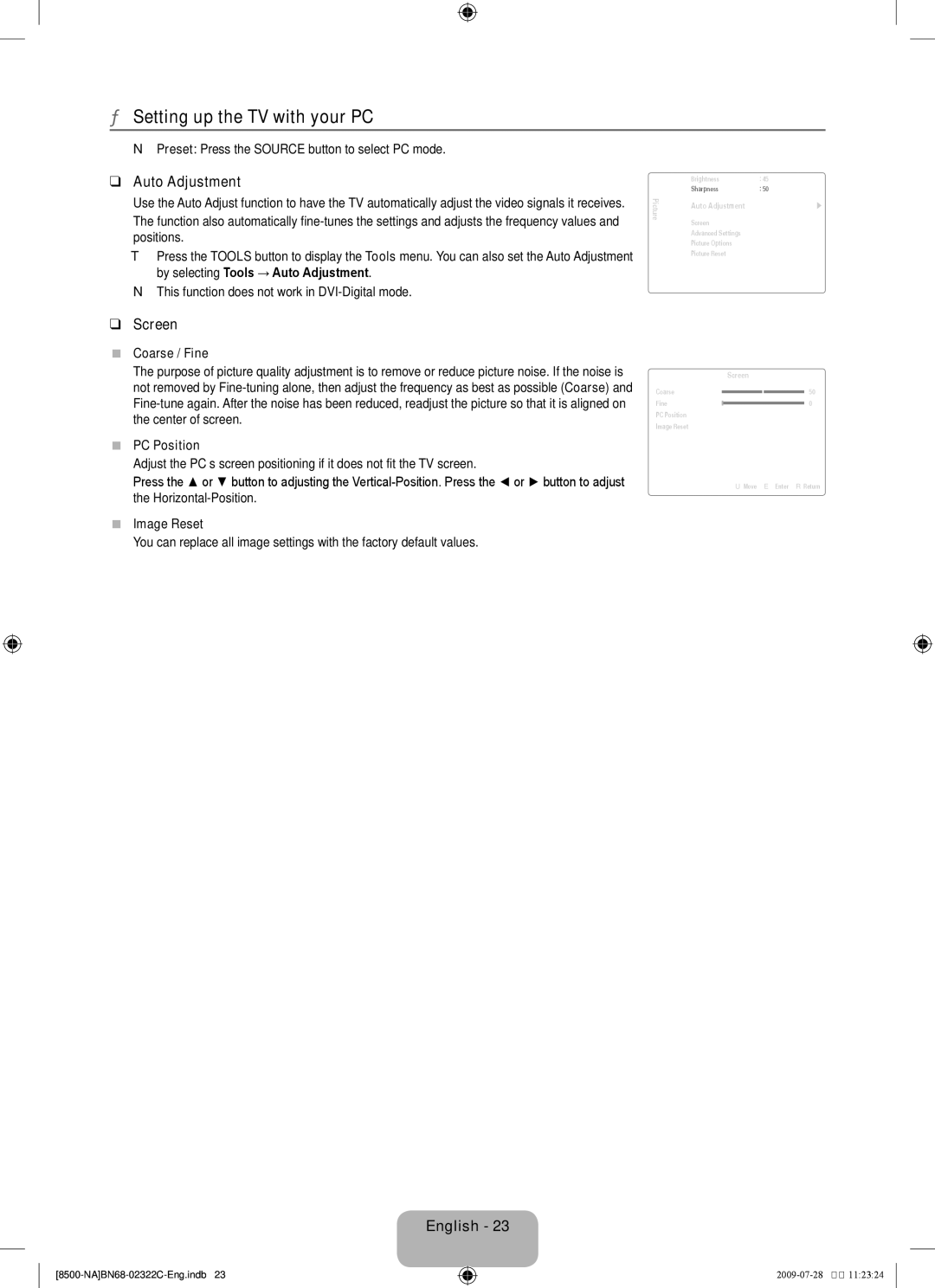 Samsung 8500 user manual Setting up the TV with your PC, Auto Adjustment, Screen 