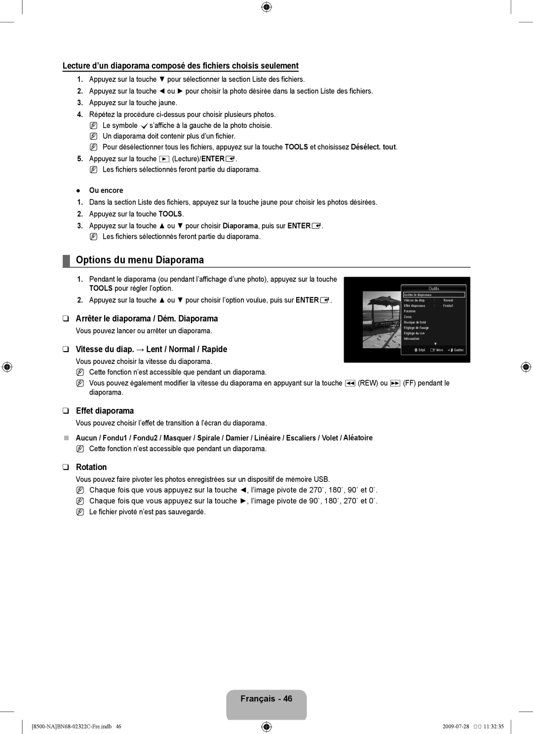 Samsung 8500 Options du menu Diaporama, Arrêter le diaporama / Dém. Diaporama, Vitesse du diap. → Lent / Normal / Rapide 