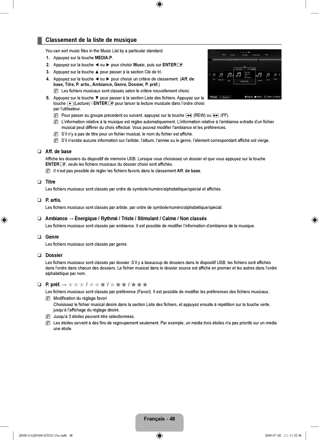 Samsung 8500 user manual Classement de la liste de musique, Titre, Artis, Les fichiers musicaux sont classés par genre 