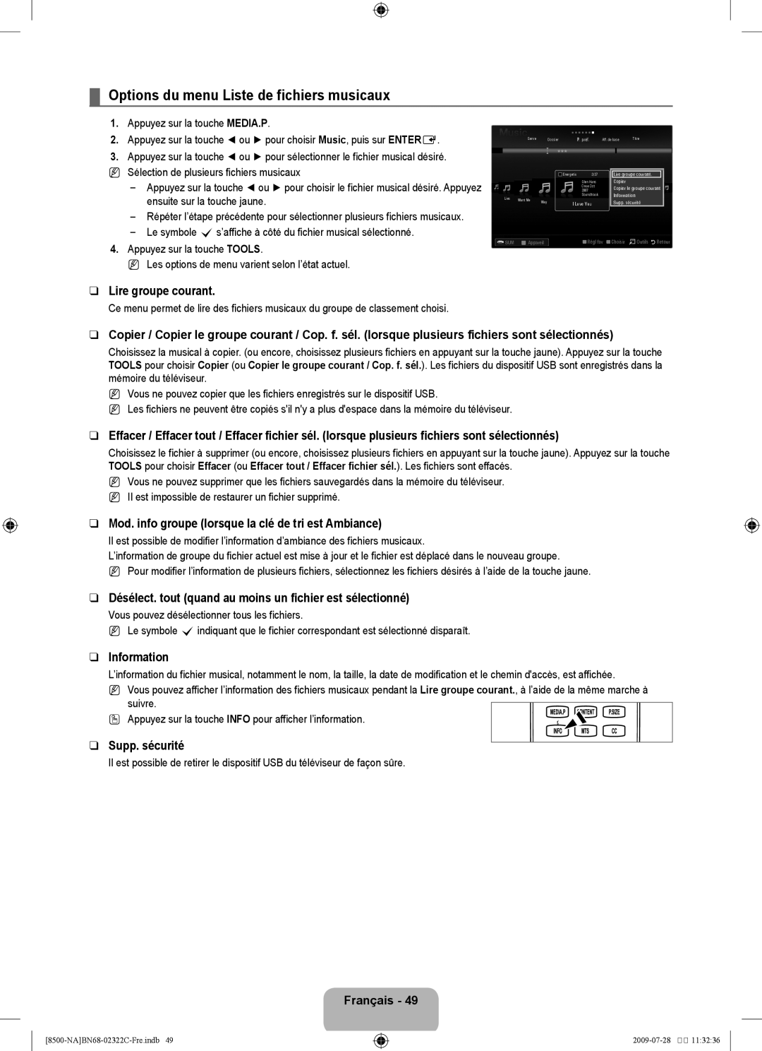 Samsung 8500 user manual Options du menu Liste de fichiers musicaux, Mod. info groupe lorsque la clé de tri est Ambiance 