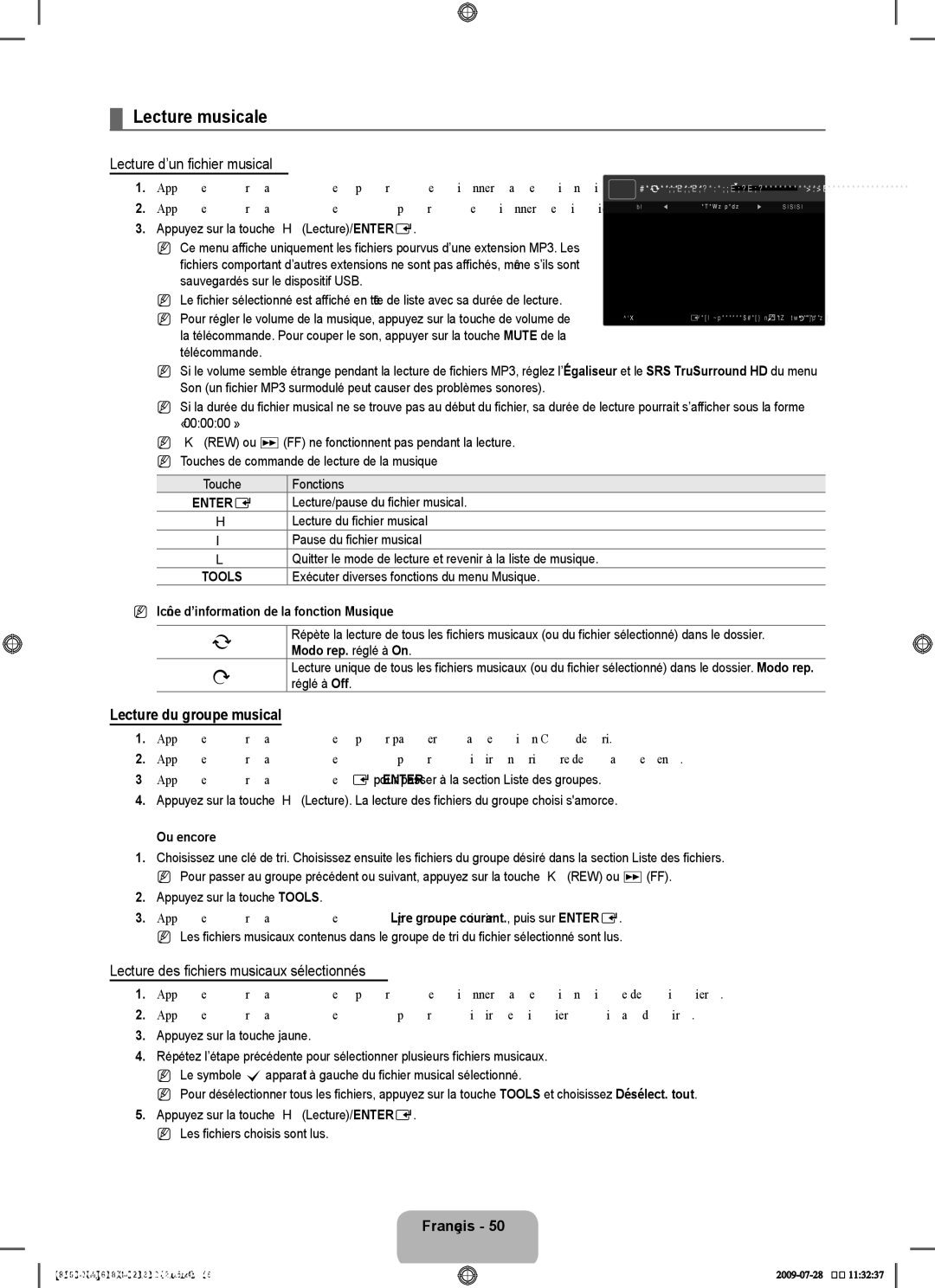 Samsung 8500 user manual Lecture musicale, Lecture d’un fichier musical, Lecture du groupe musical 