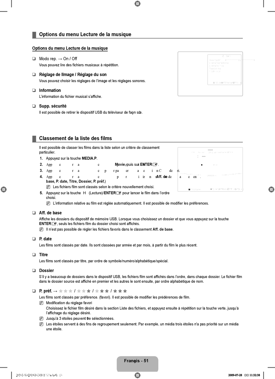 Samsung 8500 user manual Options du menu Lecture de la musique, Classement de la liste des films 